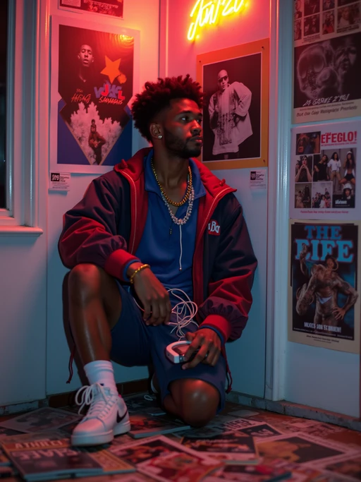 model leaning against a wall covered in 90s band posters, wearing if(gender=f){a choker necklace, baby tee, and low-rise jeans} if(gender=m){a windbreaker jacket and athletic shorts}, holding a Walkman with tangled headphone wires, scattered music magazines on the floor, neon lighting creating a nostalgic glow