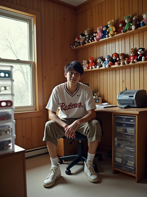 model in a 90s bedroom with wood paneling, wearing if(gender=f){platform shoes, a crop top, and wide-leg pants} if(gender=m){high-top sneakers, a jersey, and cargo shorts}, sitting at a desk with a clear plastic phone and answering machine, cassette storage tower filled with tapes, beanie babies on shelves