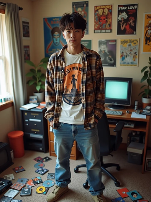 model in a typical 90s teenage bedroom, wearing if(gender=f){a colorful oversized flannel shirt over a band t-shirt with high-waisted jeans} if(gender=m){baggy jeans and a graphic t-shirt with an open flannel}, surrounded by scattered cassette tapes and CD cases, posters of 90s bands on the walls, retro computer with CRT monitor in background