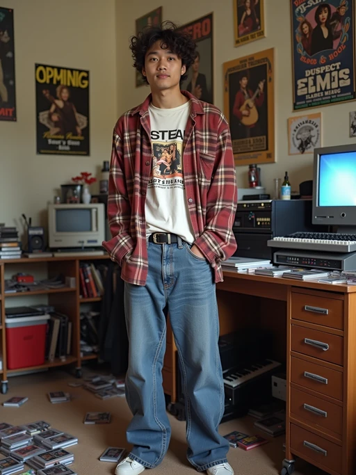 model in a typical 90s teenage bedroom, wearing if(gender=f){a colorful oversized flannel shirt over a band t-shirt with high-waisted jeans} if(gender=m){baggy jeans and a graphic t-shirt with an open flannel}, surrounded by scattered cassette tapes and CD cases, posters of 90s bands on the walls, retro computer with CRT monitor in background