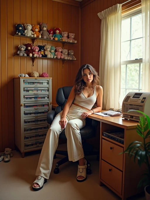 model in a 90s bedroom with wood paneling, wearing if(gender=f){platform shoes, a crop top, and wide-leg pants} if(gender=m){high-top sneakers, a jersey, and cargo shorts}, sitting at a desk with a clear plastic phone and answering machine, cassette storage tower filled with tapes, beanie babies on shelves