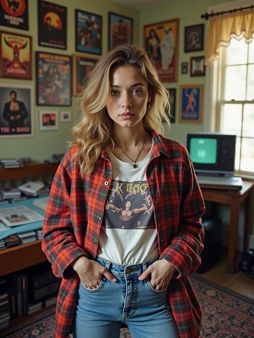 model in a typical 90s teenage bedroom, wearing if(gender=f){a colorful oversized flannel shirt over a band t-shirt with high-waisted jeans} if(gender=m){baggy jeans and a graphic t-shirt with an open flannel}, surrounded by scattered cassette tapes and CD cases, posters of 90s bands on the walls, retro computer with CRT monitor in background
