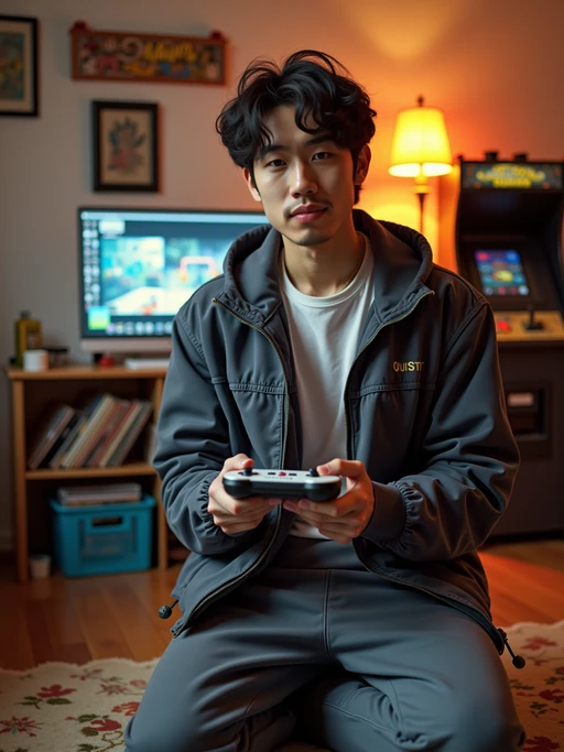 model in a typical 90s rec room, wearing if(gender=f){a denim jacket covered in patches with leather pants} if(gender=m){a starter jacket and sweatpants}, playing with a Game Boy, boom box playing in background, milk crate full of vinyl records and CDs, retro arcade cabinet visible