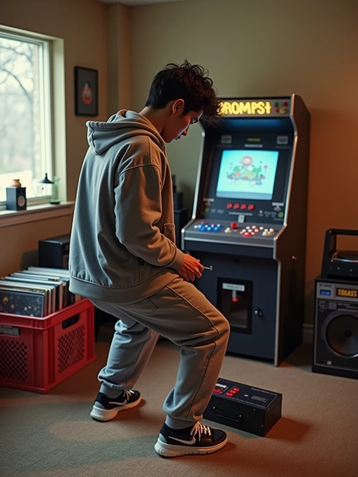model in a typical 90s rec room, wearing if(gender=f){a denim jacket covered in patches with leather pants} if(gender=m){a starter jacket and sweatpants}, playing with a Game Boy, boom box playing in background, milk crate full of vinyl records and CDs, retro arcade cabinet visible