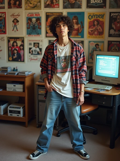 model in a typical 90s teenage bedroom, wearing if(gender=f){a colorful oversized flannel shirt over a band t-shirt with high-waisted jeans} if(gender=m){baggy jeans and a graphic t-shirt with an open flannel}, surrounded by scattered cassette tapes and CD cases, posters of 90s bands on the walls, retro computer with CRT monitor in background