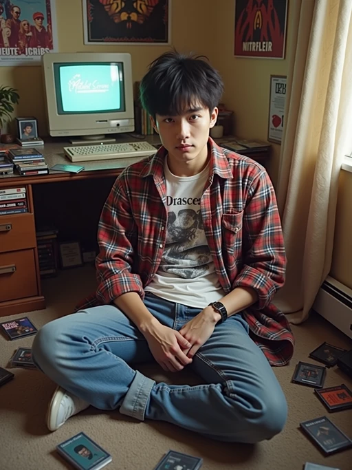 model in a typical 90s teenage bedroom, wearing if(gender=f){a colorful oversized flannel shirt over a band t-shirt with high-waisted jeans} if(gender=m){baggy jeans and a graphic t-shirt with an open flannel}, surrounded by scattered cassette tapes and CD cases, posters of 90s bands on the walls, retro computer with CRT monitor in background