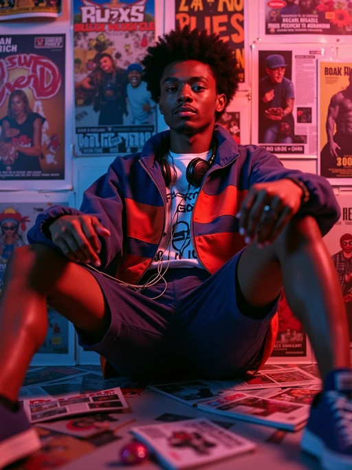 model leaning against a wall covered in 90s band posters, wearing if(gender=f){a choker necklace, baby tee, and low-rise jeans} if(gender=m){a windbreaker jacket and athletic shorts}, holding a Walkman with tangled headphone wires, scattered music magazines on the floor, neon lighting creating a nostalgic glow