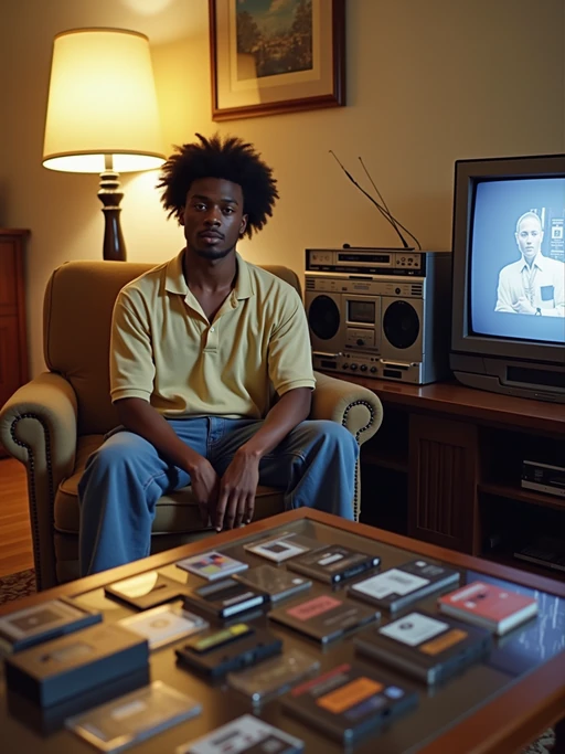 model in a 90s living room, wearing if(gender=f){a slip dress over a t-shirt with combat boots} if(gender=m){wide-leg jeans and a polo shirt}, sitting next to a boombox with dual cassette decks, collection of mixtapes spread on a glass coffee table, VHS tapes stacked by a tube TV