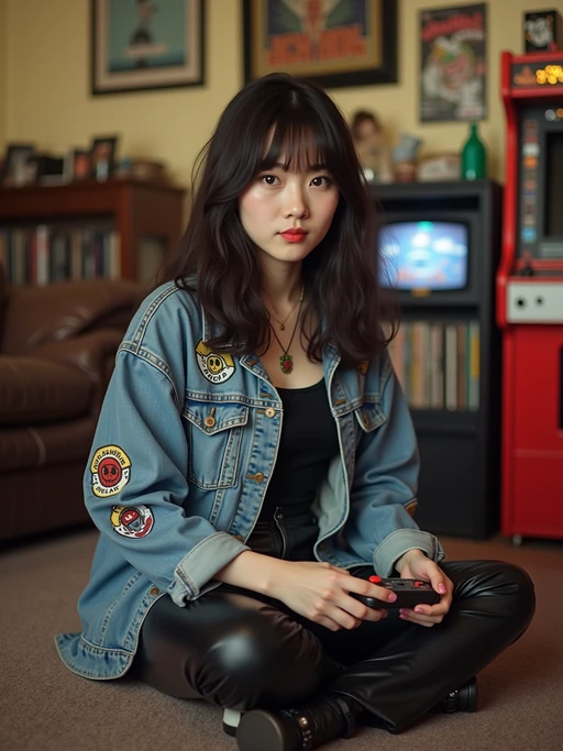 model in a typical 90s rec room, wearing if(gender=f){a denim jacket covered in patches with leather pants} if(gender=m){a starter jacket and sweatpants}, playing with a Game Boy, boom box playing in background, milk crate full of vinyl records and CDs, retro arcade cabinet visible