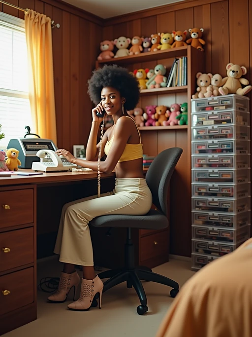 model in a 90s bedroom with wood paneling, wearing if(gender=f){platform shoes, a crop top, and wide-leg pants} if(gender=m){high-top sneakers, a jersey, and cargo shorts}, sitting at a desk with a clear plastic phone and answering machine, cassette storage tower filled with tapes, beanie babies on shelves