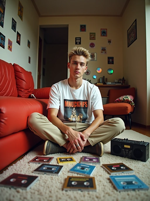 model sitting cross-legged on shag carpet, wearing if(gender=f){butterfly hair clips, a halter top, and bell-bottom jeans} if(gender=m){frosted tips hairstyle, a graphic tee, and khaki pants}, organizing a collection of cassette singles, portable radio nearby, inflatable furniture and holographic stickers decorating the room