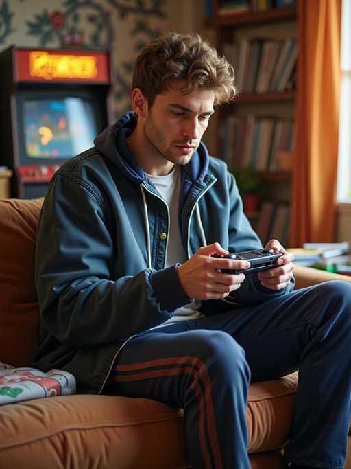 model in a typical 90s rec room, wearing if(gender=f){a denim jacket covered in patches with leather pants} if(gender=m){a starter jacket and sweatpants}, playing with a Game Boy, boom box playing in background, milk crate full of vinyl records and CDs, retro arcade cabinet visible