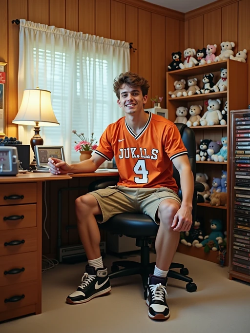 model in a 90s bedroom with wood paneling, wearing if(gender=f){platform shoes, a crop top, and wide-leg pants} if(gender=m){high-top sneakers, a jersey, and cargo shorts}, sitting at a desk with a clear plastic phone and answering machine, cassette storage tower filled with tapes, beanie babies on shelves