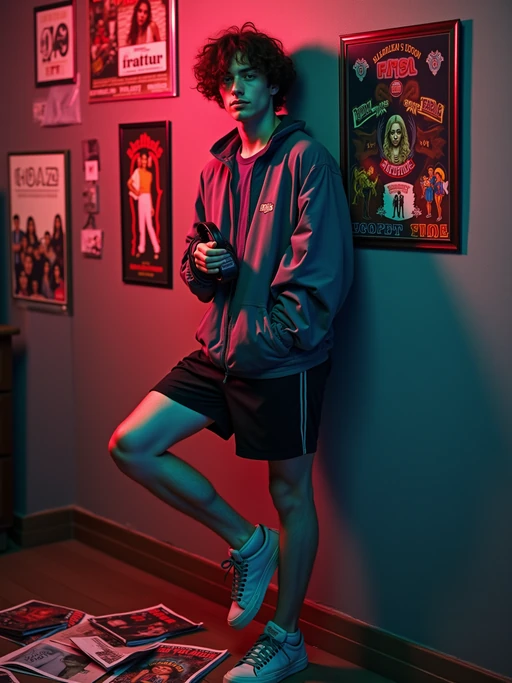 model leaning against a wall covered in 90s band posters, wearing if(gender=f){a choker necklace, baby tee, and low-rise jeans} if(gender=m){a windbreaker jacket and athletic shorts}, holding a Walkman with tangled headphone wires, scattered music magazines on the floor, neon lighting creating a nostalgic glow