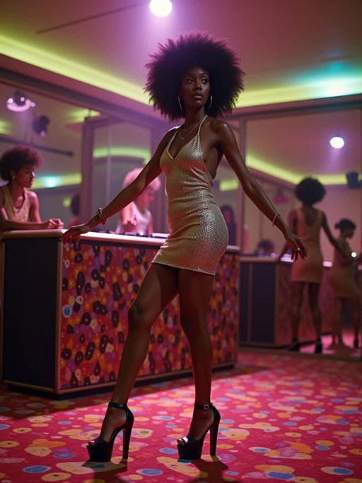 model in a typical 70s disco, wearing if(gender=f){a metallic halter dress with platform heels} if(gender=m){a three-piece suit with wide lapels and platform shoes}, dancing under a spinning disco ball, neon lights reflecting off mirrored walls, vinyl records scattered around DJ booth, psychedelic carpet with wild patterns