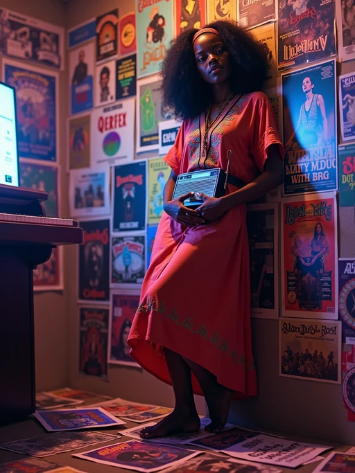 model leaning against a wall covered in concert posters and album covers, wearing if(gender=f){a peasant skirt with embroidered blouse and headband} if(gender=m){a denim jacket with patches over a band t-shirt}, holding a transistor radio with telescoping antenna, scattered Rolling Stone magazines on the floor, psychedelic blacklight posters glowing under colored lighting