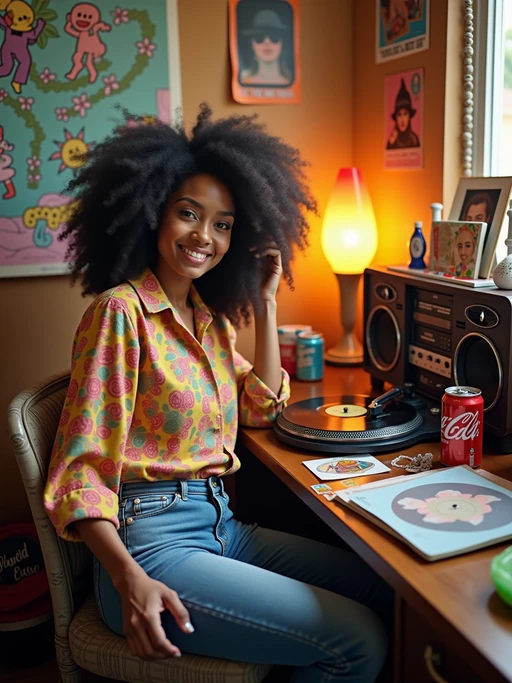 model sitting at a 70s themed desk setup. the model is dressed in 1970s fashion, wearing a colorful psychedelic shirt and bell-bottom jeans, evoking a sense of groovy nostalgia. her expression is one of curiosity and intrigue as she interacts with the old stereo system. large posters are pinned to the wall above the desk. To the right, a vintage stereo with large speakers displays a turntable. The desk is cluttered with items including vinyl records, a lava lamp, and an 8-track player. A framed photograph is placed beside a Tab cola can. Toys, like a mood ring and record albums, are scattered across the desk, along with various peace sign stickers and concert tickets. A beaded lamp illuminates the workspace, and groovy posters and album covers decorate the surrounding walls.