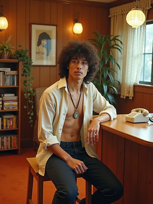 model in a 70s rec room with wood paneling and orange carpet, wearing if(gender=f){hot pants with go-go boots and a crop top} if(gender=m){polyester shirt unbuttoned with medallion necklace}, sitting at a bar area with a collection of 8-track tapes in a wooden rack, rotary phone on the counter, beaded curtains and hanging plants decorating the space