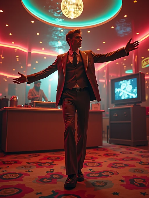 model in a typical 70s disco, wearing if(gender=f){a metallic halter dress with platform heels} if(gender=m){a three-piece suit with wide lapels and platform shoes}, dancing under a spinning disco ball, neon lights reflecting off mirrored walls, vinyl records scattered around DJ booth, psychedelic carpet with wild patterns