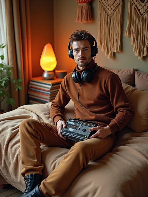 model sitting on a bed covered with macramé wall hangings and earth-tone bedding, wearing if(gender=f){a halter top with high-waisted flared jeans and wooden clogs} if(gender=m){a turtleneck sweater with corduroy pants and suede boots}, holding a portable 8-track player with large headphones, stack of vinyl albums nearby, lava lamp bubbling in the corner