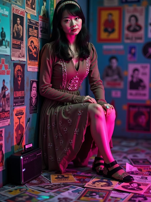 model leaning against a wall covered in concert posters and album covers, wearing if(gender=f){a peasant skirt with embroidered blouse and headband} if(gender=m){a denim jacket with patches over a band t-shirt}, holding a transistor radio with telescoping antenna, scattered Rolling Stone magazines on the floor, psychedelic blacklight posters glowing under colored lighting