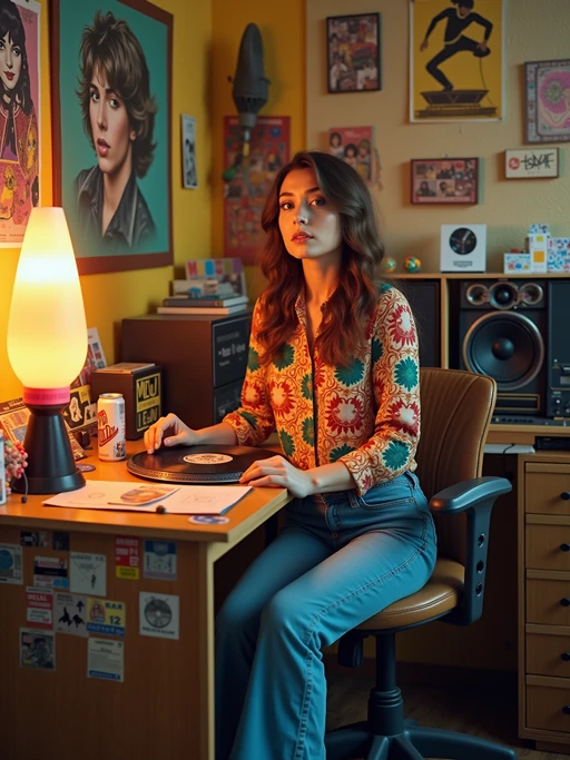 model sitting at a 70s themed desk setup. the model is dressed in 1970s fashion, wearing a colorful psychedelic shirt and bell-bottom jeans, evoking a sense of groovy nostalgia. her expression is one of curiosity and intrigue as she interacts with the old stereo system. large posters are pinned to the wall above the desk. To the right, a vintage stereo with large speakers displays a turntable. The desk is cluttered with items including vinyl records, a lava lamp, and an 8-track player. A framed photograph is placed beside a Tab cola can. Toys, like a mood ring and record albums, are scattered across the desk, along with various peace sign stickers and concert tickets. A beaded lamp illuminates the workspace, and groovy posters and album covers decorate the surrounding walls.