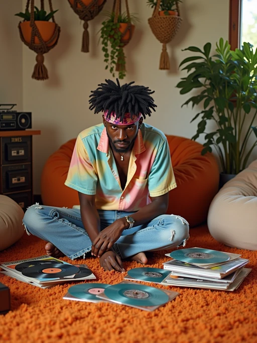model sitting cross-legged on orange shag carpet, wearing if(gender=f){peasant blouse with bell-bottom jeans and love beads} if(gender=m){tie-dye shirt with frayed jeans and headband}, organizing a collection of vinyl LPs and 45s, portable stereo with cassette deck nearby, bean bag chairs and hanging macramé planters decorating the room