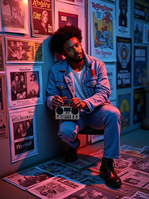 model leaning against a wall covered in concert posters and album covers, wearing if(gender=f){a peasant skirt with embroidered blouse and headband} if(gender=m){a denim jacket with patches over a band t-shirt}, holding a transistor radio with telescoping antenna, scattered Rolling Stone magazines on the floor, psychedelic blacklight posters glowing under colored lighting