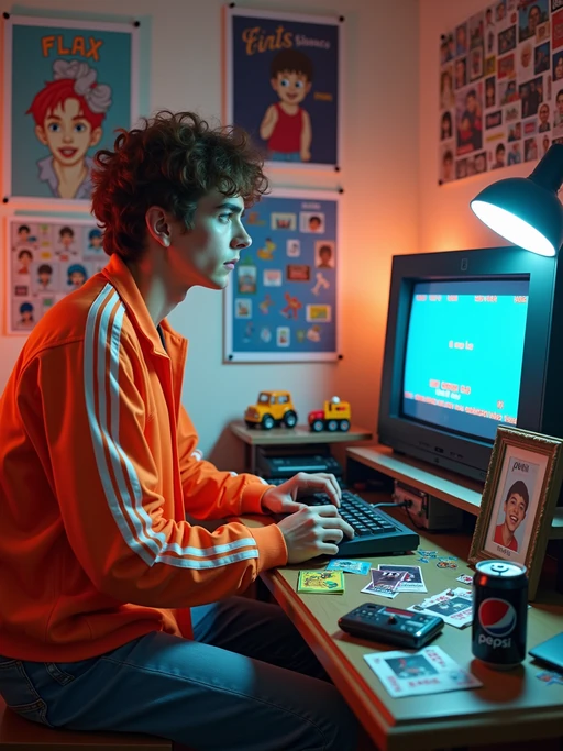 model sitting at a 80s themed desk setup. the model is dressed in 1980s fashion, wearing a neon windbreaker and high-waisted acid wash jeans, evoking a sense of nostalgia. her expression is one of curiosity and intrigue as she interacts with the old computer. large posters are pinned to the wall above the desk. To the right, a vintage computer monitor displays a pixelated game screen. The desk is cluttered with items including a joystick, a cassette player, and a calculator. A framed photograph of a child is placed beside a Pepsi can. Toys, like a toy truck and cassette cases, are scattered across the desk, along with various gaming-related stickers and cards. An adjustable desk lamp illuminates the workspace, and colorful posters and flyers decorate the surrounding walls.