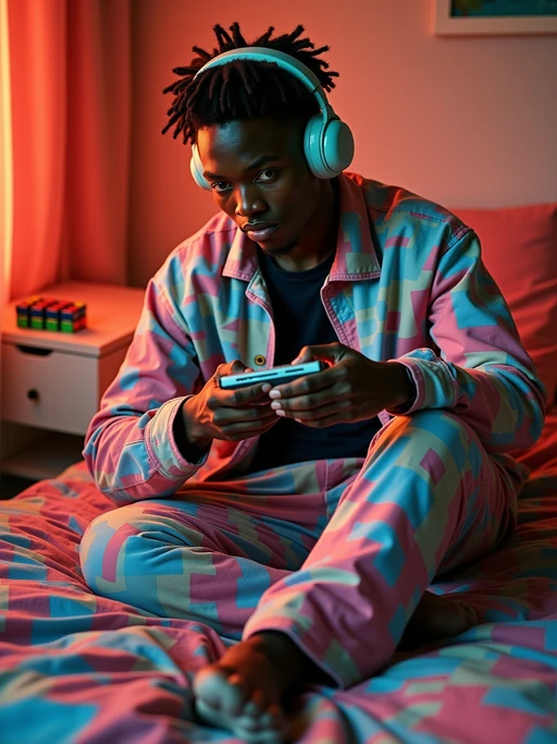 model sitting on a bed covered with geometric neon patterned sheets, wearing if(gender=f){off-shoulder sweatshirt with neon colors and spandex leggings} if(gender=m){Members Only jacket and parachute pants}, holding a Sony Walkman with foam headphones, stack of cassette tapes nearby, Rubik's cube on nightstand