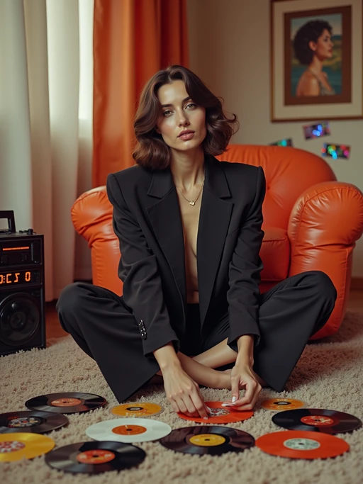 model sitting cross-legged on shag carpet, wearing if(gender=f){oversized blazer with massive shoulder pads and stirrup pants} if(gender=m){Members Only jacket with popped collar and stonewashed jeans}, organizing a collection of 45 RPM singles, portable radio with digital display nearby, inflatable furniture and holographic stickers decorating the room