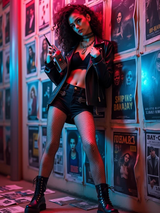 model leaning against a wall covered in 80s movie posters, wearing if(gender=f){punk rock outfit with ripped fishnet stockings and studded leather jacket} if(gender=m){denim jacket with band patches and ripped jeans}, holding a portable radio with antenna extended, scattered music magazines on the floor, pink and blue neon lighting creating retro atmosphere