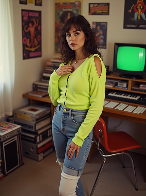 model in a typical 80s bedroom, wearing if(gender=f){a bright neon sweater with shoulder pads and leg warmers with high-waisted jeans} if(gender=m){a Miami Vice style pastel suit jacket with rolled sleeves}, surrounded by scattered cassette tapes and vinyl records, posters of 80s bands and movies on the walls, retro computer with green monochrome monitor in background