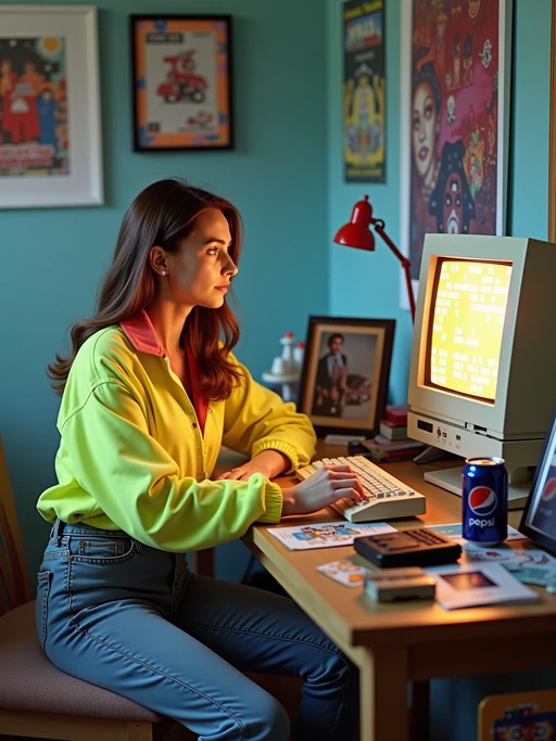 model sitting at a 80s themed desk setup. the model is dressed in 1980s fashion, wearing a neon windbreaker and high-waisted acid wash jeans, evoking a sense of nostalgia. her expression is one of curiosity and intrigue as she interacts with the old computer. large posters are pinned to the wall above the desk. To the right, a vintage computer monitor displays a pixelated game screen. The desk is cluttered with items including a joystick, a cassette player, and a calculator. A framed photograph of a child is placed beside a Pepsi can. Toys, like a toy truck and cassette cases, are scattered across the desk, along with various gaming-related stickers and cards. An adjustable desk lamp illuminates the workspace, and colorful posters and flyers decorate the surrounding walls.