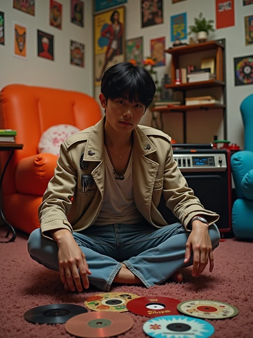 model sitting cross-legged on shag carpet, wearing if(gender=f){oversized blazer with massive shoulder pads and stirrup pants} if(gender=m){Members Only jacket with popped collar and stonewashed jeans}, organizing a collection of 45 RPM singles, portable radio with digital display nearby, inflatable furniture and holographic stickers decorating the room