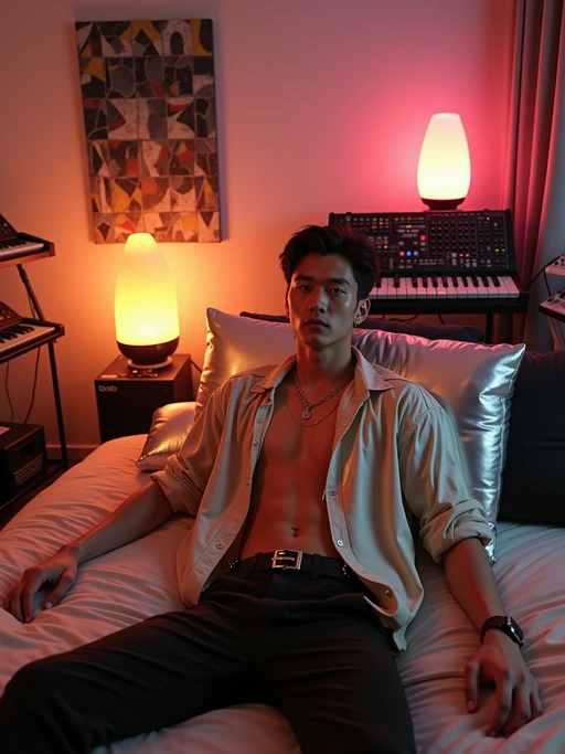model lounging on a waterbed with metallic pillows, wearing if(gender=f){shimmery disco outfit with huge shoulder pads} if(gender=m){silk shirt unbuttoned with gold chains}, surrounded by electronic keyboards and drum machines, geometric abstract art on walls, lava lamp and fiber optic lamp creating ambient lighting
