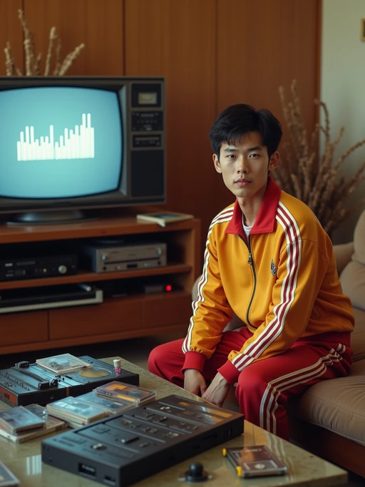 model in an 80s living room, wearing if(gender=f){aerobics outfit with headband and leg warmers} if(gender=m){tracksuit with racing stripes}, sitting next to a large boombox with equalizer display, collection of VHS tapes spread on a glass coffee table, wood-grain TV with rabbit ears antenna