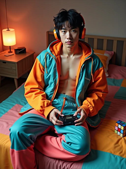 model sitting on a bed covered with geometric neon patterned sheets, wearing if(gender=f){off-shoulder sweatshirt with neon colors and spandex leggings} if(gender=m){Members Only jacket and parachute pants}, holding a Sony Walkman with foam headphones, stack of cassette tapes nearby, Rubik's cube on nightstand