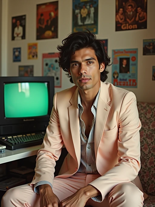 model in a typical 80s bedroom, wearing if(gender=f){a bright neon sweater with shoulder pads and leg warmers with high-waisted jeans} if(gender=m){a Miami Vice style pastel suit jacket with rolled sleeves}, surrounded by scattered cassette tapes and vinyl records, posters of 80s bands and movies on the walls, retro computer with green monochrome monitor in background