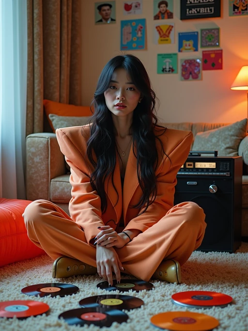 model sitting cross-legged on shag carpet, wearing if(gender=f){oversized blazer with massive shoulder pads and stirrup pants} if(gender=m){Members Only jacket with popped collar and stonewashed jeans}, organizing a collection of 45 RPM singles, portable radio with digital display nearby, inflatable furniture and holographic stickers decorating the room