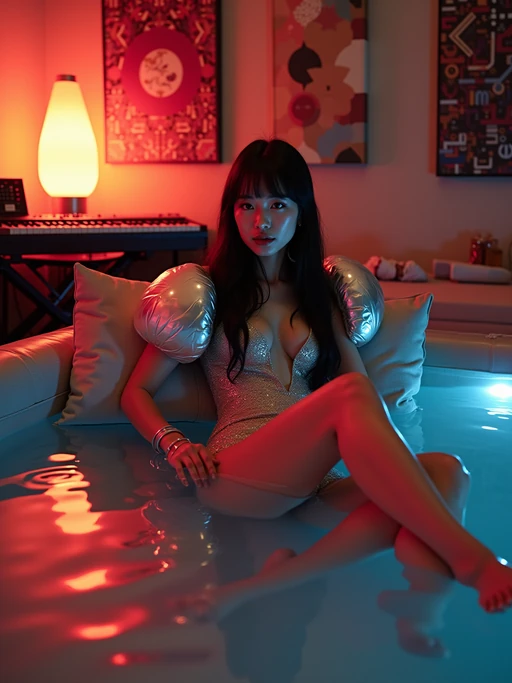model lounging on a waterbed with metallic pillows, wearing if(gender=f){shimmery disco outfit with huge shoulder pads} if(gender=m){silk shirt unbuttoned with gold chains}, surrounded by electronic keyboards and drum machines, geometric abstract art on walls, lava lamp and fiber optic lamp creating ambient lighting