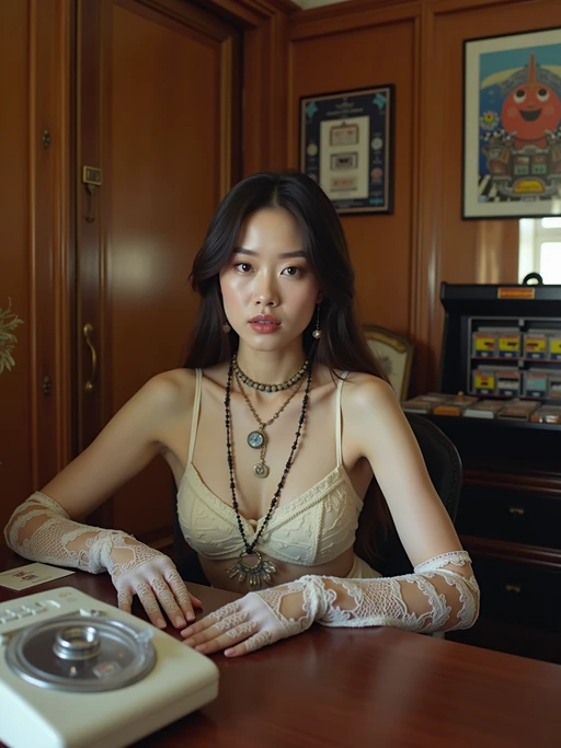 model in an 80s bedroom with wood paneling and mirrored walls, wearing if(gender=f){Madonna-inspired outfit with lace gloves and multiple necklaces} if(gender=m){Don Johnson style white suit with pastel t-shirt}, sitting at a desk with a clear telephone and answering machine, cassette storage case filled with mixtapes, Pac-Man and arcade game memorabilia on shelves