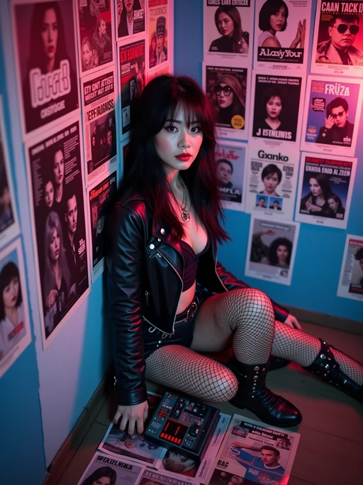 model leaning against a wall covered in 80s movie posters, wearing if(gender=f){punk rock outfit with ripped fishnet stockings and studded leather jacket} if(gender=m){denim jacket with band patches and ripped jeans}, holding a portable radio with antenna extended, scattered music magazines on the floor, pink and blue neon lighting creating retro atmosphere