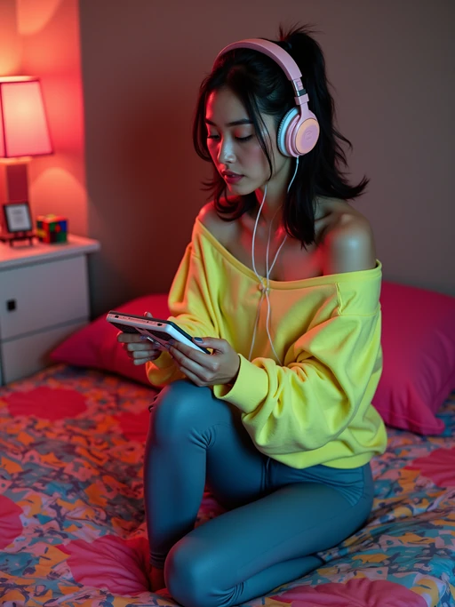 model sitting on a bed covered with geometric neon patterned sheets, wearing if(gender=f){off-shoulder sweatshirt with neon colors and spandex leggings} if(gender=m){Members Only jacket and parachute pants}, holding a Sony Walkman with foam headphones, stack of cassette tapes nearby, Rubik's cube on nightstand
