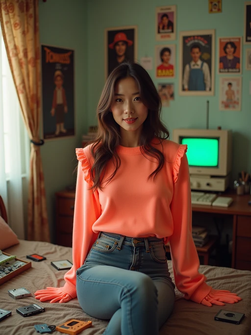 model in a typical 80s bedroom, wearing if(gender=f){a bright neon sweater with shoulder pads and leg warmers with high-waisted jeans} if(gender=m){a Miami Vice style pastel suit jacket with rolled sleeves}, surrounded by scattered cassette tapes and vinyl records, posters of 80s bands and movies on the walls, retro computer with green monochrome monitor in background