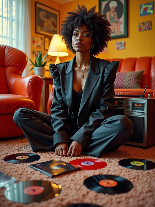 model sitting cross-legged on shag carpet, wearing if(gender=f){oversized blazer with massive shoulder pads and stirrup pants} if(gender=m){Members Only jacket with popped collar and stonewashed jeans}, organizing a collection of 45 RPM singles, portable radio with digital display nearby, inflatable furniture and holographic stickers decorating the room