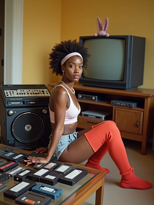 model in an 80s living room, wearing if(gender=f){aerobics outfit with headband and leg warmers} if(gender=m){tracksuit with racing stripes}, sitting next to a large boombox with equalizer display, collection of VHS tapes spread on a glass coffee table, wood-grain TV with rabbit ears antenna