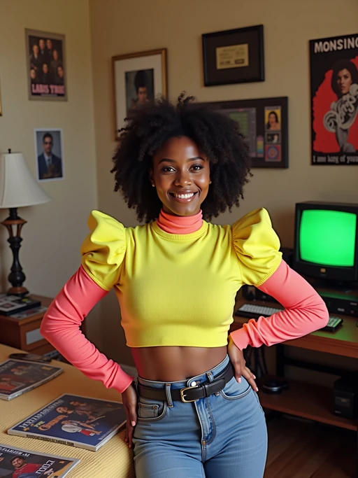 model in a typical 80s bedroom, wearing if(gender=f){a bright neon sweater with shoulder pads and leg warmers with high-waisted jeans} if(gender=m){a Miami Vice style pastel suit jacket with rolled sleeves}, surrounded by scattered cassette tapes and vinyl records, posters of 80s bands and movies on the walls, retro computer with green monochrome monitor in background