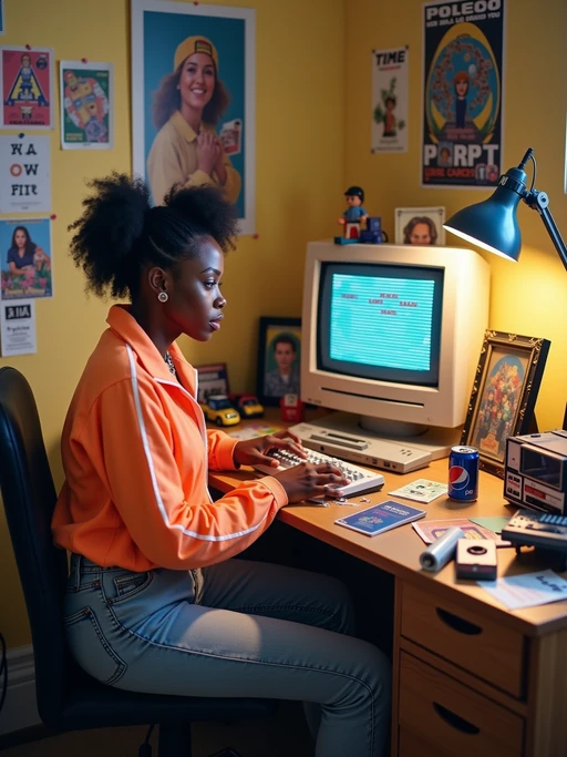 model sitting at a 80s themed desk setup. the model is dressed in 1980s fashion, wearing a neon windbreaker and high-waisted acid wash jeans, evoking a sense of nostalgia. her expression is one of curiosity and intrigue as she interacts with the old computer. large posters are pinned to the wall above the desk. To the right, a vintage computer monitor displays a pixelated game screen. The desk is cluttered with items including a joystick, a cassette player, and a calculator. A framed photograph of a child is placed beside a Pepsi can. Toys, like a toy truck and cassette cases, are scattered across the desk, along with various gaming-related stickers and cards. An adjustable desk lamp illuminates the workspace, and colorful posters and flyers decorate the surrounding walls.