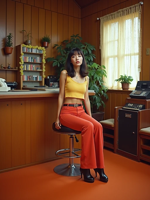 model in a 70s rec room with wood paneling and orange carpet, wearing if(gender=f){hot pants with go-go boots and a crop top} if(gender=m){polyester shirt unbuttoned with medallion necklace}, sitting at a bar area with a collection of 8-track tapes in a wooden rack, rotary phone on the counter, beaded curtains and hanging plants decorating the space
